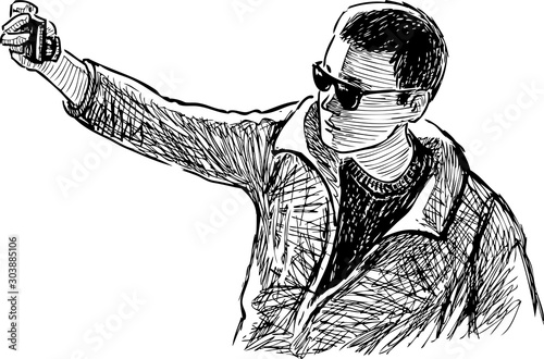 Sketch of young man in sunglasses photographing selfie on his smartphone