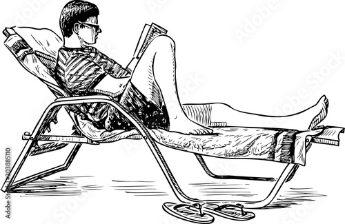 Sketch of young man reading book on sunbed on beach