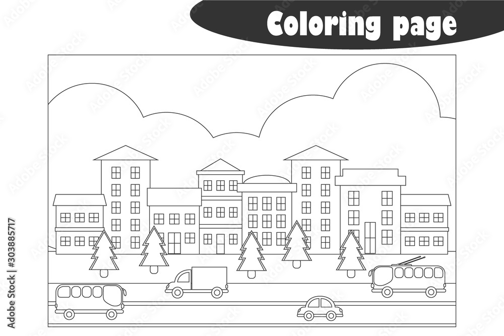 Snowy town in cartoon style, coloring page, christmas education paper game for the development of children, kids preschool activity, printable worksheet, vector illustration