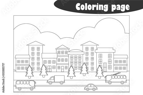 Snowy town in cartoon style, coloring page, christmas education paper game for the development of children, kids preschool activity, printable worksheet, vector illustration