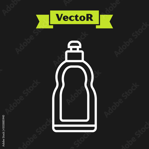 White line Plastic bottle for liquid laundry detergent, bleach, dishwashing liquid or another cleaning agent icon isolated on black background. Vector Illustration