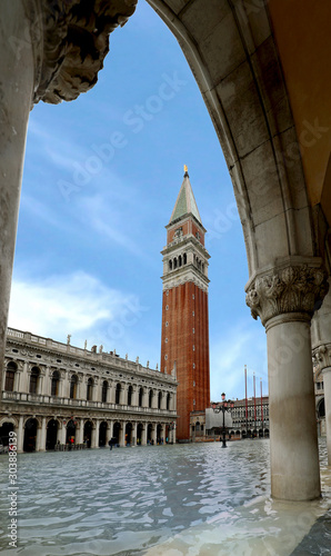 Bell tower of Saint Mark during the flood in Venice in Italy