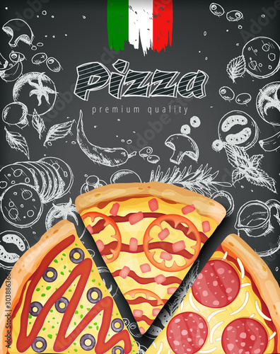 Italian pizza ads or menu with illustration rich toppings dough on engraved style chalk doodle background.