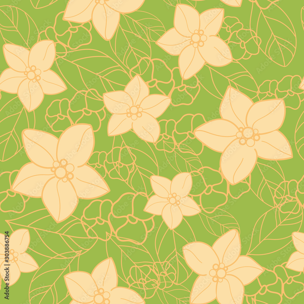 Vector orange blossom seamless pattern with yellow flowers and leaves, slices of orange, seamless repeat pattern. Perfect for fabric, scrapbooking, wallpaper projects.