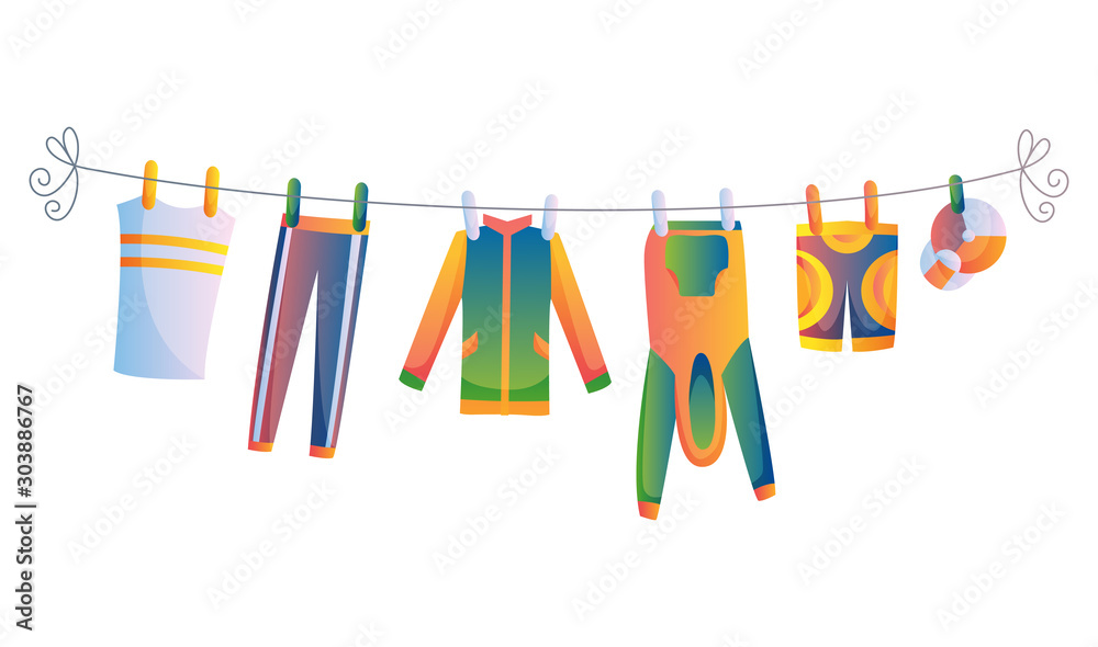 Various items of baby clothes on rope isolated vector illustration on white background. Laundry held by plastic pegs drying Various items of baby clothes on rope isolated vector illustration on white background. Laundry held by plastic pegs drying