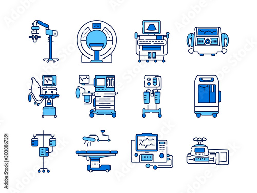 Medical devices line color icons set. MRI, anesthesia machine, syringe pump, dropper, defibrillator, Signs for web page, mobile app. photo