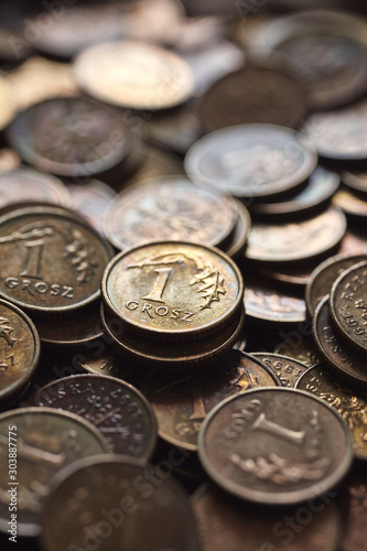 Extreme close up picture of polish one grosz coins (one hundredth of a zloty), selective focus.