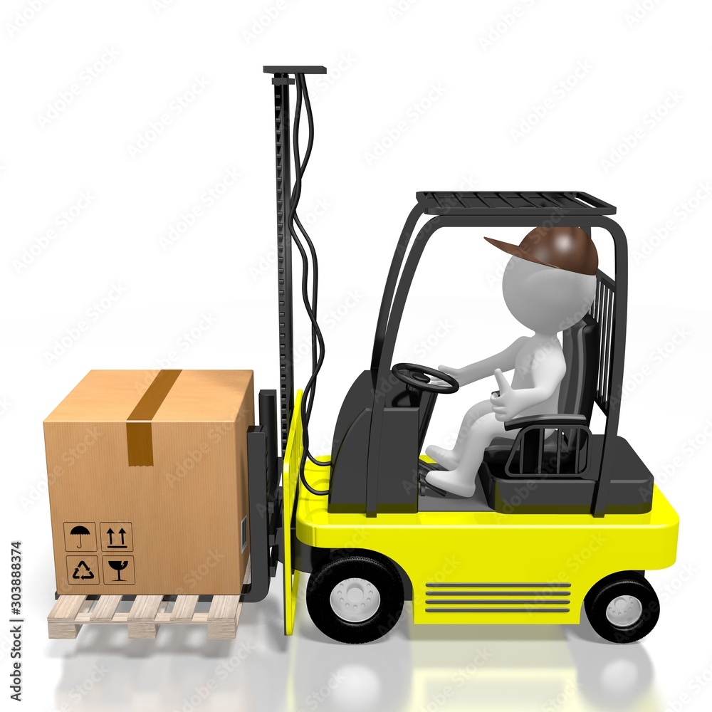 Forklift machine, worker, package - 3D rendering