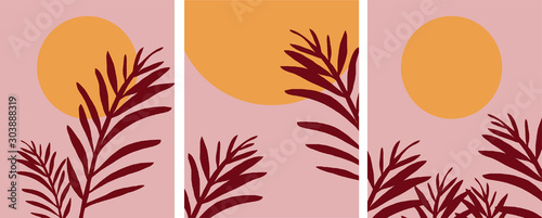 Set of minimalist leaves posters. terra cota nordic style, warm earthy colors, 