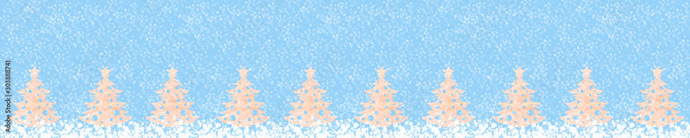 Wide festive creative christmas banner: row of wooden christmas trees on snowy light blue background. Copy space.