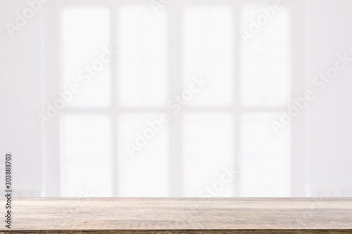 Empty wooden table and window room interior decoration background  product montage display can be used for display or montage your products.Mock up for display of product.