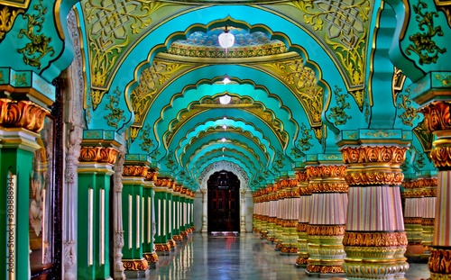 MYSORE,KARNATAKA,INDIA - OCTOBER 20,2019 : Mysore palace inside architecture.Mysore palace, a historical palace and royal residence located within the Old Fort area of Mysore(Mysuru) photo