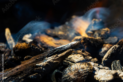 Burning wood and spectacular flames close up view