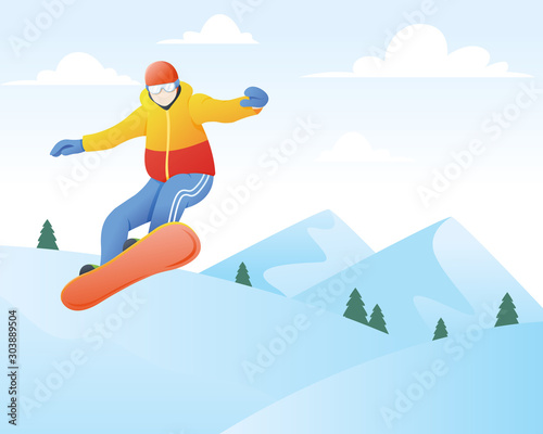 Vector illustration of snowboarder. Winter sport and recreation, Winter mountain sports activities