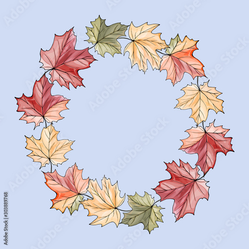 Wreath with colorful autumnal maple leaves on blue background. Round frame for your design, invitation template, posters, banners, greeting cards. Vector illustration.