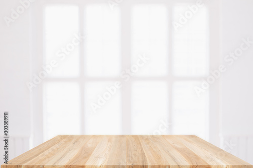 Empty wooden table and window room interior decoration background  product montage display can be used for display or montage your products.Mock up for display of product.