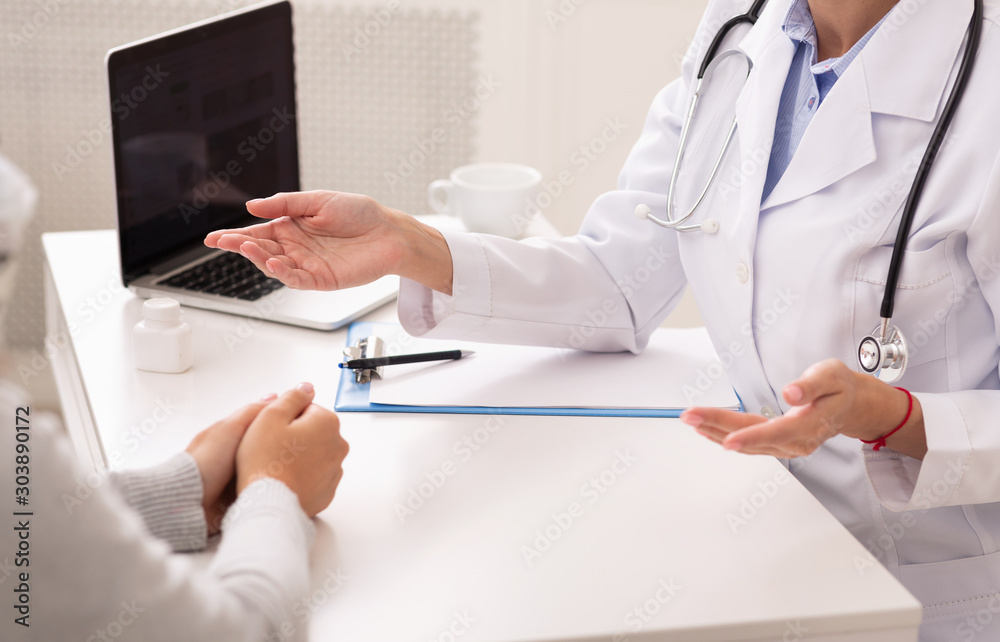 Therapist Discussing Treatment With Client Sitting In Modern Office, Cropped Therapist Discussing Treatment With Client Sitting In Modern Office, Cropped