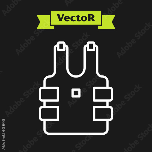 White line Bulletproof vest for protection from bullets icon isolated on black background. Body armor sign. Military clothing. Vector Illustration