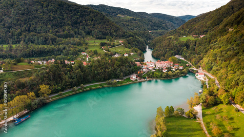 Most Na Soci Town at Emerald Lake Edge. Aerial View of Slovenia Countryside