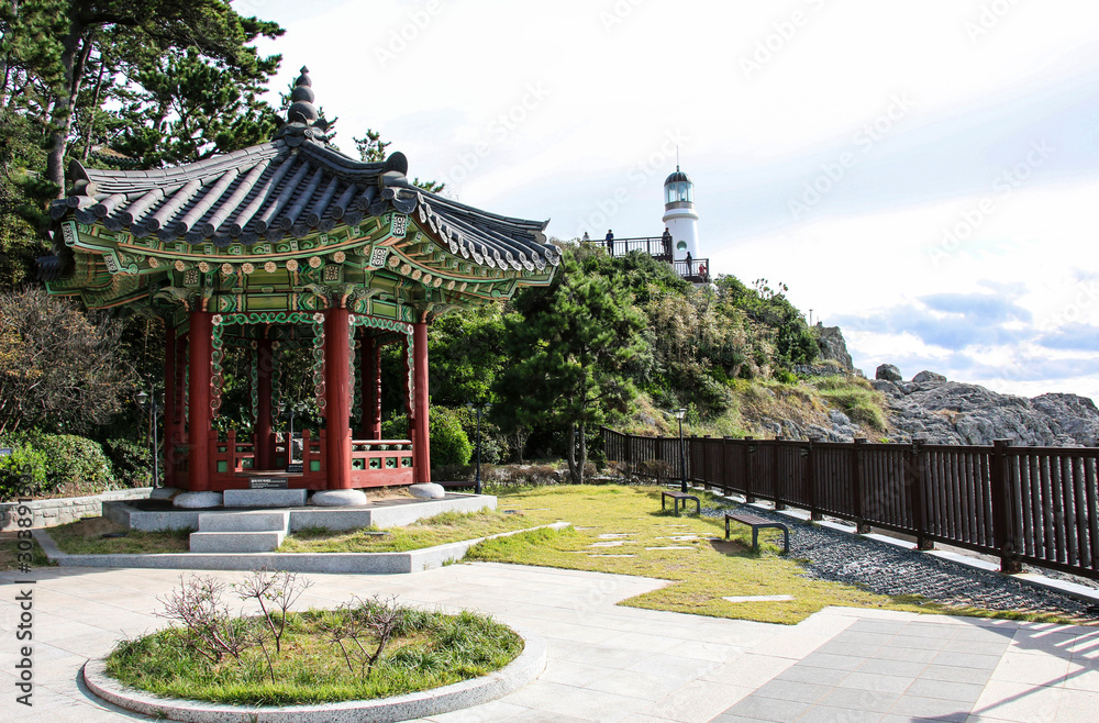 Pavilion in garden of Nurimaru APEC House locate on Haeundae Dongbaekseom Island