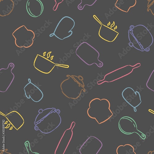 Kitchen utensil seamless pattern. Cooking repeating background for textile design, wrapping papper, scrapbooking.