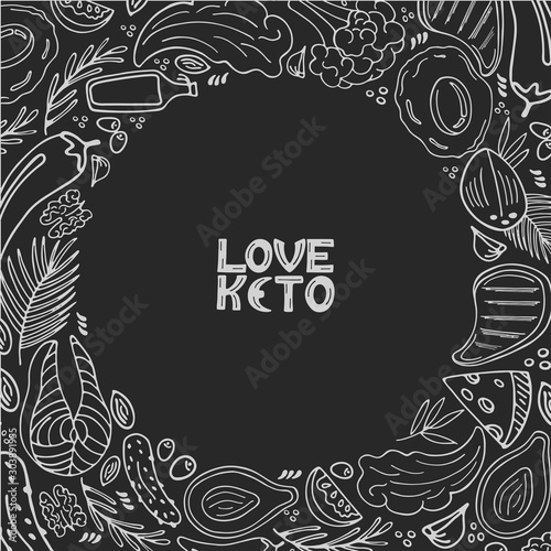 Love Keto hand drawn. Ketogenic food low carb and protein, high fat. Paleo diet round frame. Healthy eating in doodle style. Chalked on a blackboard. Line art