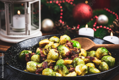 Fried or Roasted Brussels Sprouts with Bacon. Chrstmas Festive Healthy Dish