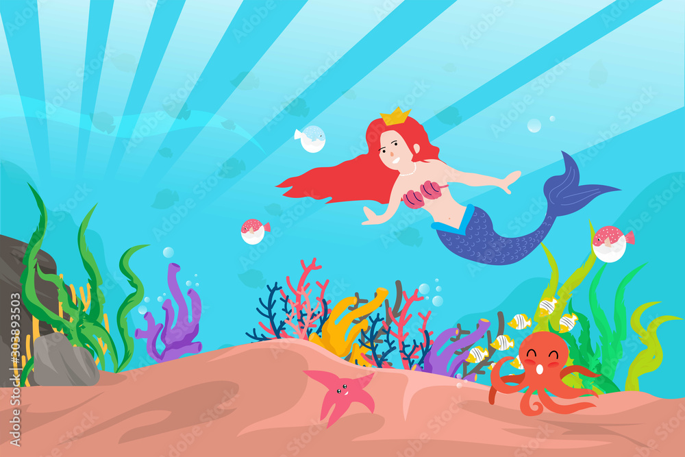 Illustration vector background on underwater world  with funny animal sea. vector