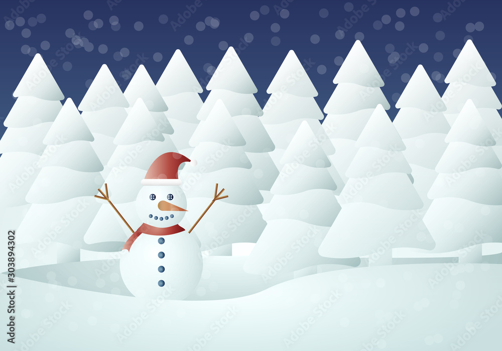 Paisaje nevado navideño con muñeco de nieve. vector de Stock | Adobe Stock
