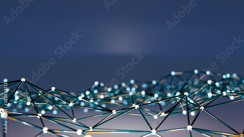 Futuristic polygonal background of low poly surface with connected spheres and lines. Abstract 3d rendering.