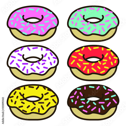 A set of glazed donuts with colored sprinkles. Food illustration. Bright print. Sweet dessert. Set of icons isolated on white.
