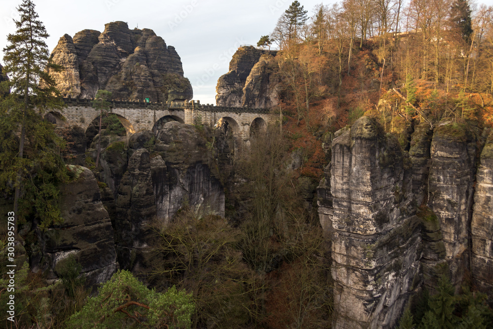 Panorama of Bastei rock formations, the bridge Bastei, Saxon Switzerland National park, Germany