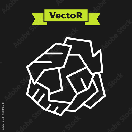White line Crumpled paper ball icon isolated on black background. Vector Illustration