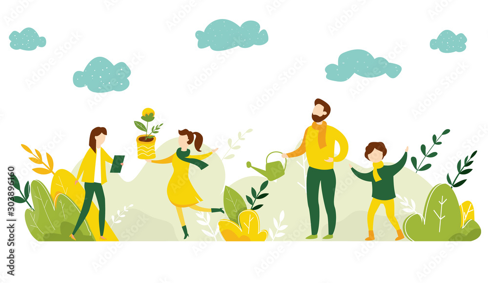 Ecology concept. People take care about planet ecology. Protect nature and ecology banner. Earth day. Family plant trees in city park. Vector illustration Ecology concept. People take care about planet ecology. Protect nature and ecology banner. Earth day. Family plant trees in city park. Vector illustration