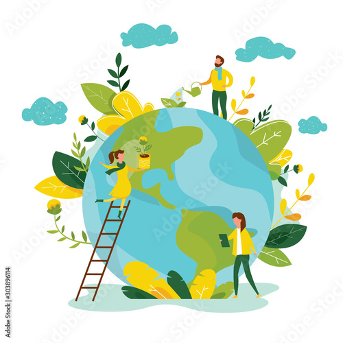 Ecology concept. People take care about planet ecology. Protect nature and ecology banner. Earth day. Globe with trees, plants and volunteer people. Vector illustration