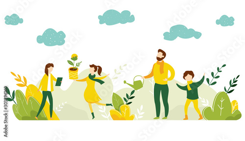 Ecology concept. People take care about planet ecology. Protect nature and ecology banner. Earth day. Family plant trees in city park. Vector illustration