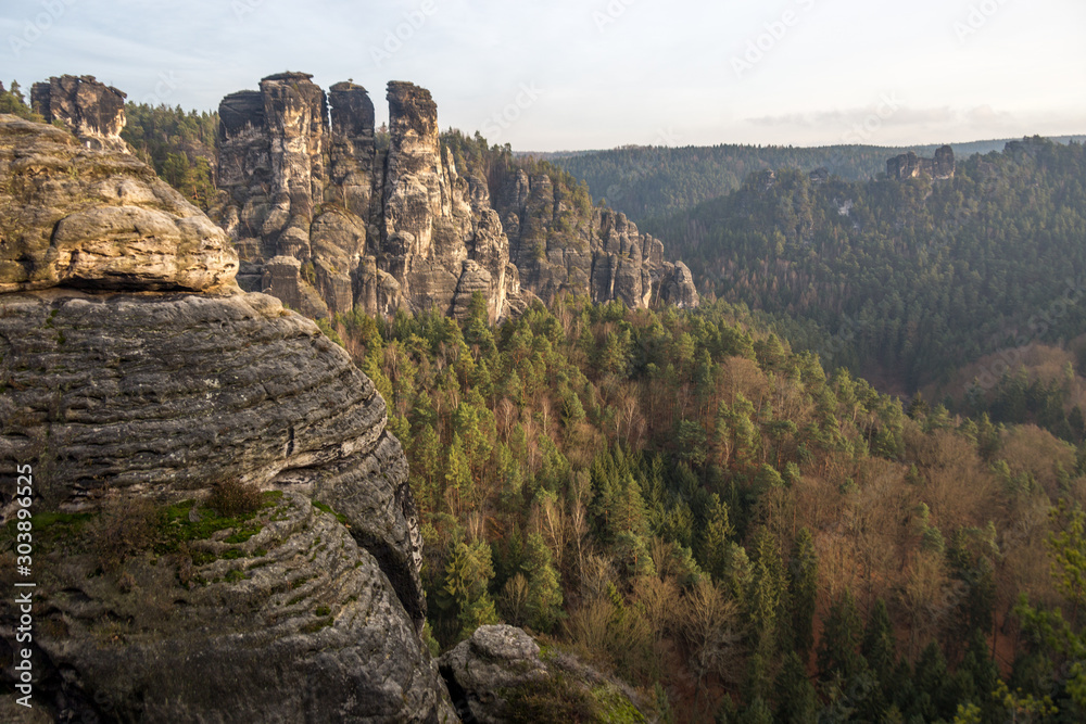 Panorama of Bastei rock formations, the bridge Bastei, Saxon Switzerland National park, Germany