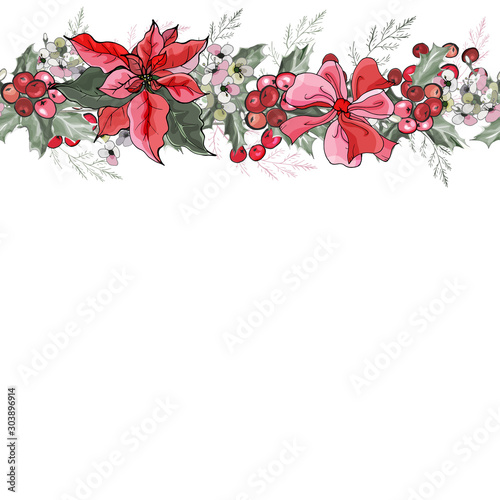 Christmas endless horizontal pattern brush with poinsettia, holly berries, bow. Border for festive season design, advertisement, greeting cards, invitation, posters. Vector illustration.