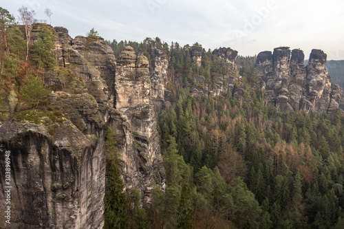 Panorama of Bastei rock formations, the bridge Bastei, Saxon Switzerland National park, Germany