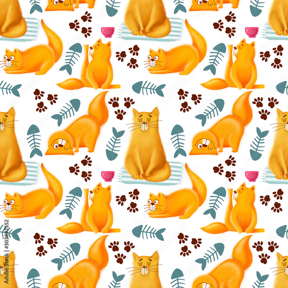 Obraz Cute seamless pattern with cats. Hand drawn kitty. Pattern for t-shirt, textile, fabric, web, poster, card and other design.