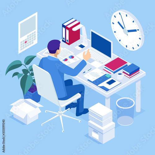 Isometric overtime working concept. Planning time business management. Casual tired office worker using a computer and doing overtime project.