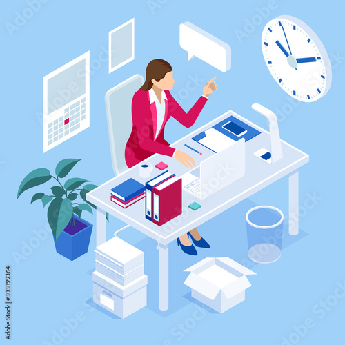 Isometric overtime working concept. Planning time business management. Casual tired office worker using a computer and doing overtime project.