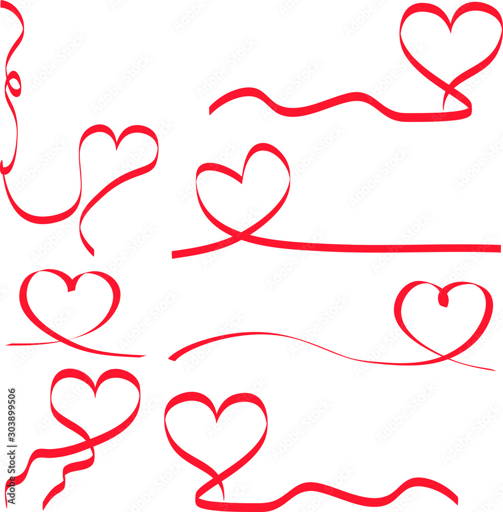 Valentine's day drawn vector eps, red hearts in the form of a ribbon, pattern, lines