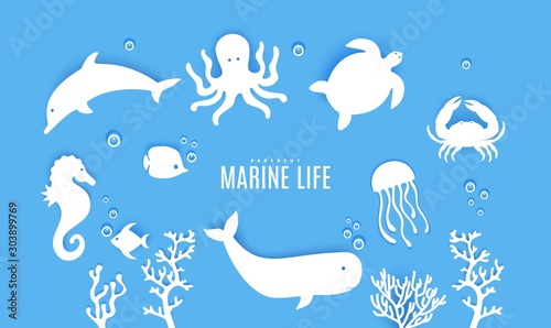 Set ot silhouette of marine life cut out of paper. Sea horse jumping dolphin whale crab, octopus, fish, algae, medusa, turtle. Collection papercut 3d element. Vector Ocean Day concept elements