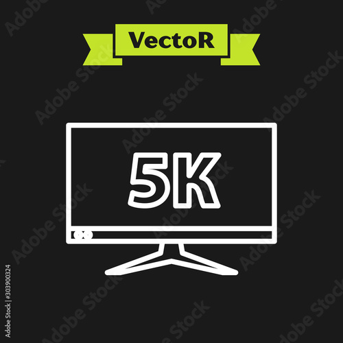 White line Computer PC monitor display with 5k video technology icon isolated on black background. Vector Illustration