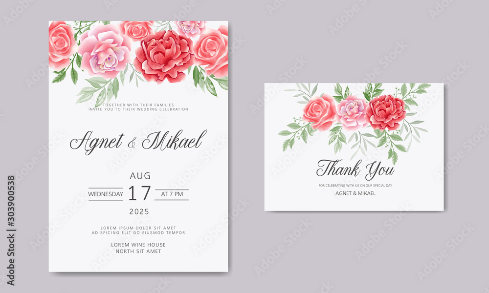 wedding card invitation with beautiful flower and leaves