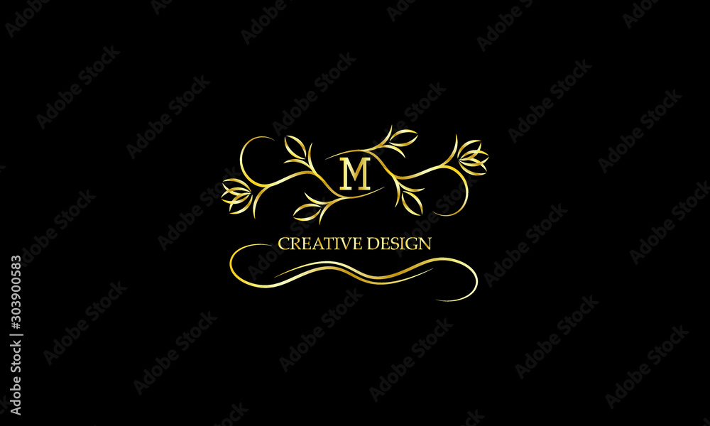 Modern logo template with floral elegant lines and letter M. Monogram design elements, business identity sign for restaurant, royalty, boutique, cafe, hotel. Vector illustration