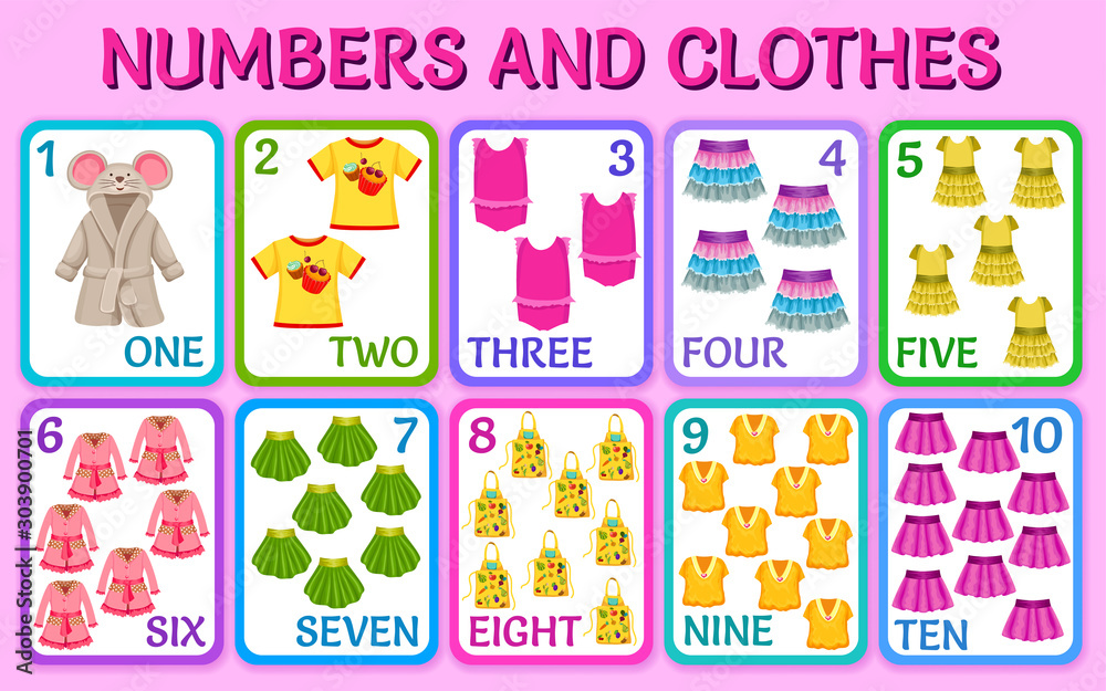 Obraz premium Cartoon clothes for girls. Children cards numbers for kids. Learning to count. Isolated vector illustration.