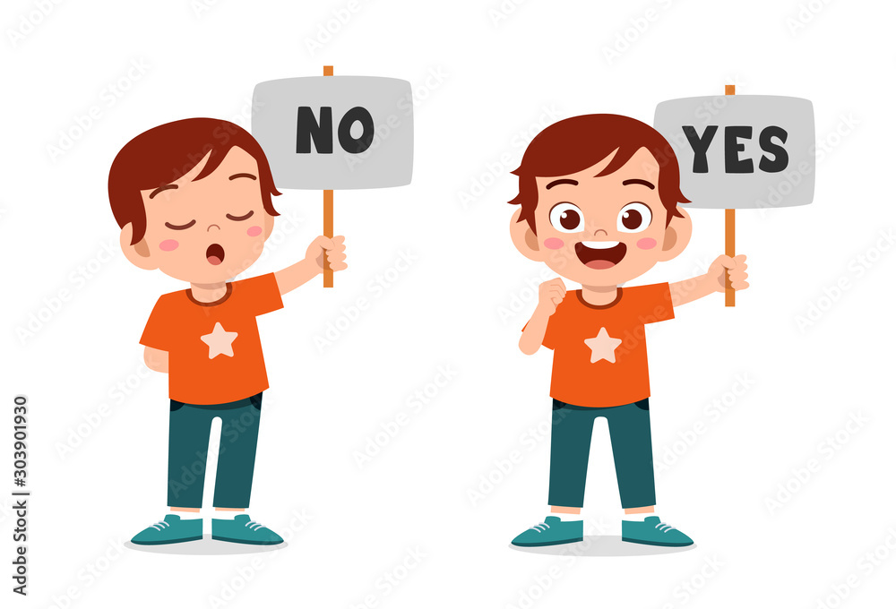 happy cute kid boy carry yes no board Stock Vector Adobe Stock