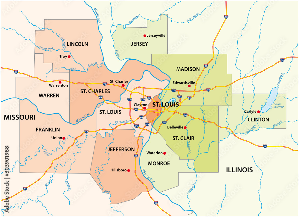 map of the greater st. louis area in illinois and missouri usa